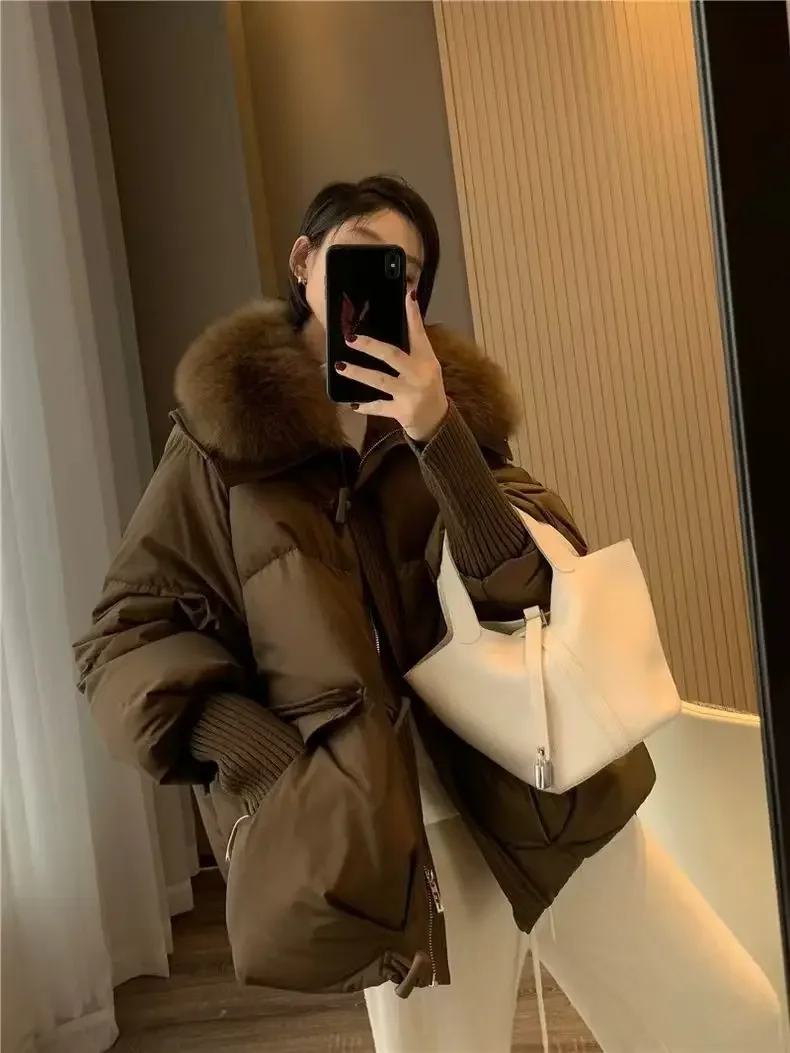 Femmes hiver nouveau col de fourrure bouffant vers le bas Parka ample vers le bas plus chaud épaissir veste de neige poche fermeture éclair fausse fourrure vêtements d'extérieur femme