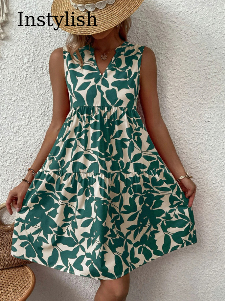 Femmes Boho imprimé Mini robe été élégant sans manches col en V à volants une ligne débardeur décontracté ample surdimensionné plage fête robe d'été