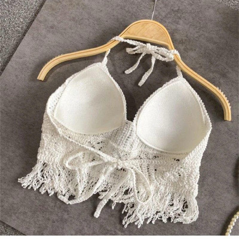 Crochet plage haut court pour les femmes Sexy été évider licou soutiens-gorge Bustier avec gland ourlet coussinets de poitrine débardeur avec soutien-gorge rembourré