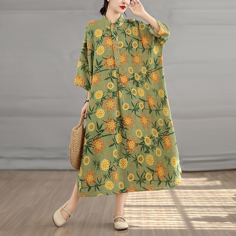 Robe longue ample en coton à imprimé floral vintage, nouvelle collection pour femme, tenue décontractée et élégante pour l'été 2026