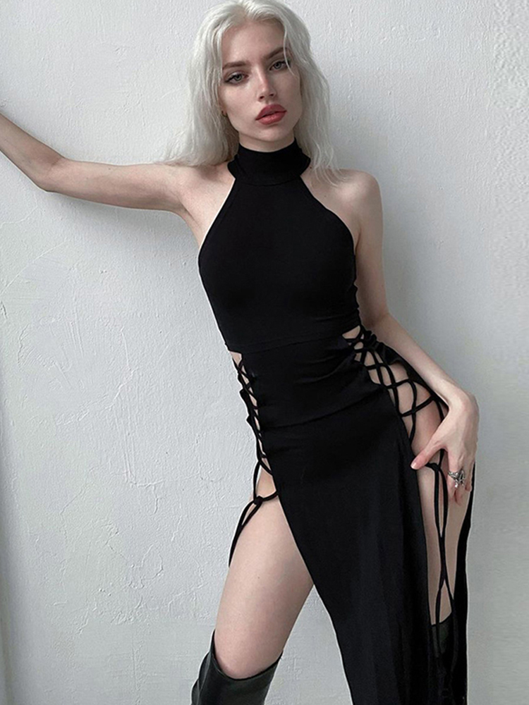 Robe d'été Sexy pour femmes, mode, fente haute, Slim, noire, 2025
