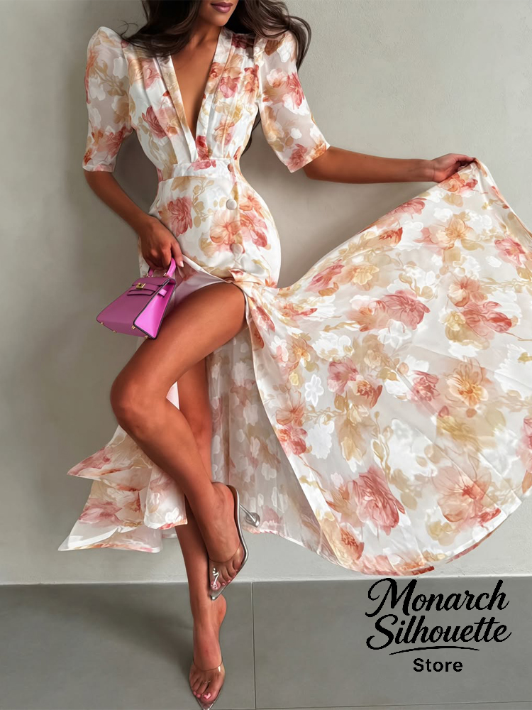 Nouvelle Robe Longue Rose à Imprimé Floral pour Femme, Coupe Ajustée, Col en V Chic, Volants, Manches Longues Évasées, Froncée, Fendue, Élégante