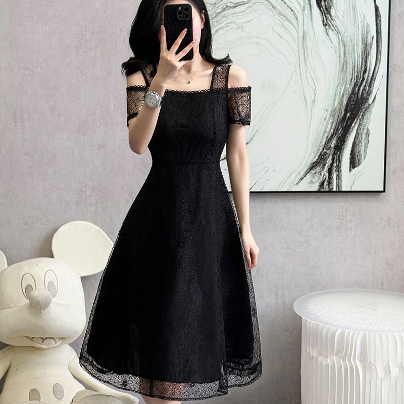 Robe d'été en mousseline pour femme, style coréen, pour le bureau, collection 2026, élégante et décontractée, noire, à épaules dénudées