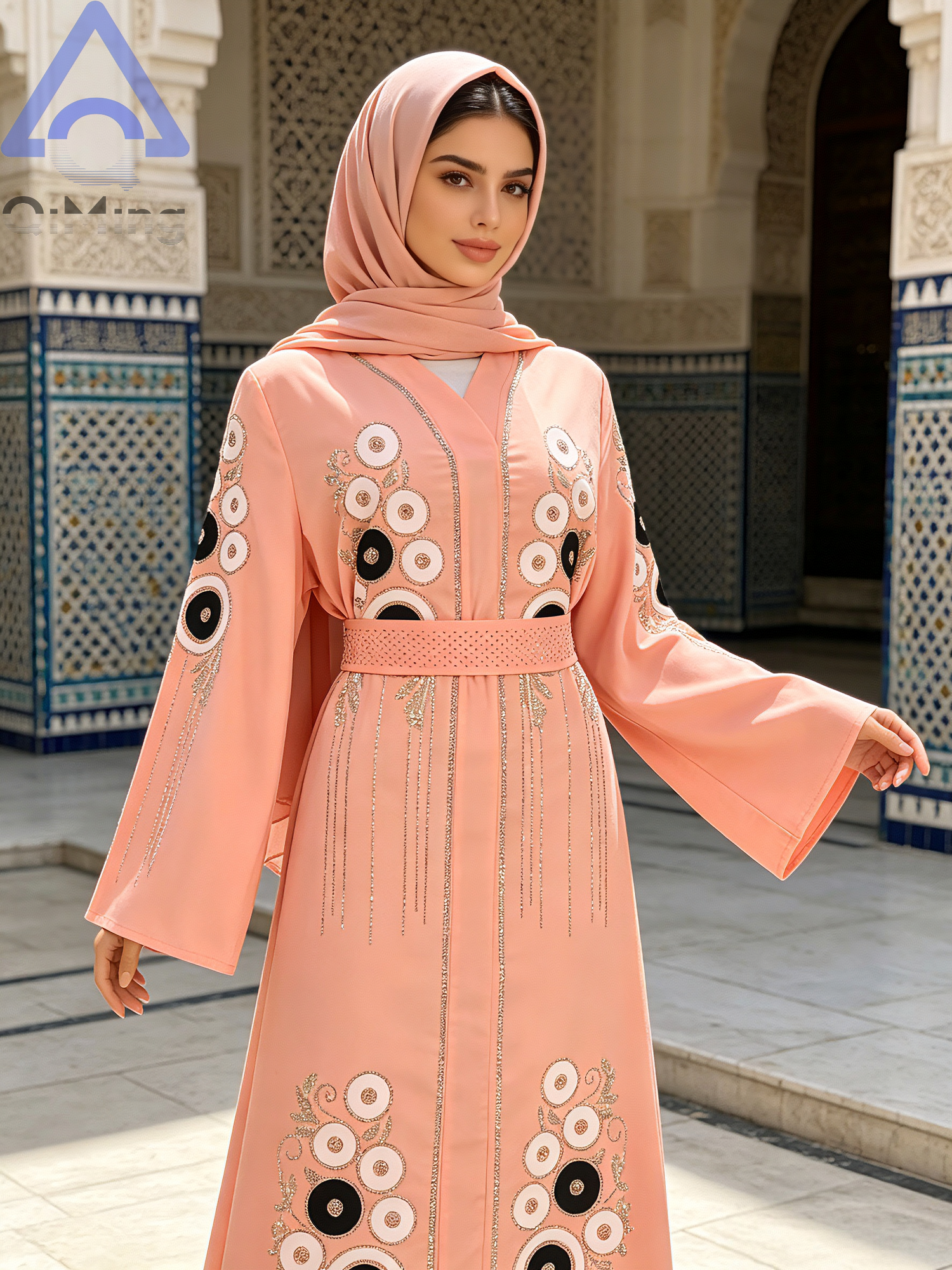 Robe longue Kaftan Abaya africaine en strass avec écharpe couleur terre cuite, manches chauve-souris, tenue de soirée modeste pour femme musulmane, pour l'Aïd et les mariages