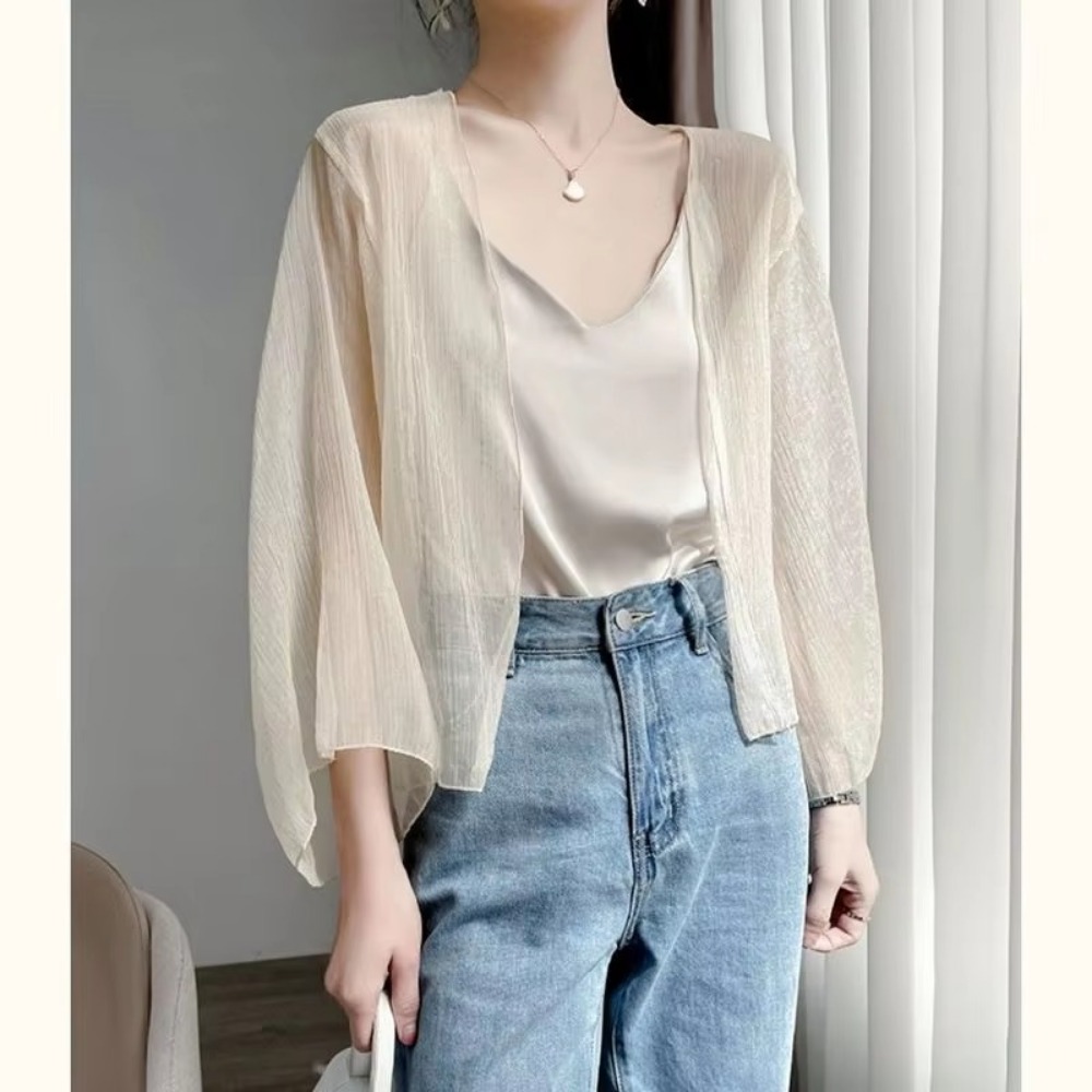 Cardigan d'été froissé pour femmes, ample, en mousseline de soie, Section fine, haut Transparent, châle court, petite veste