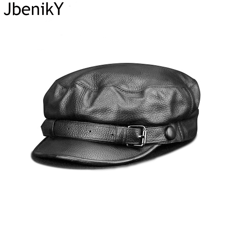 Mode femmes hommes véritable peau de vache militaire chapeau marin chapeaux noir dames béret casquettes plat haut capitaine casquette voyage cadet octogonale chapeau