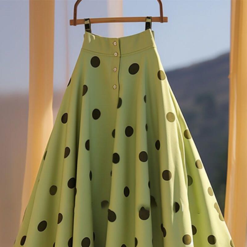 Nouvelle collection Printemps-Été : Jupe parapluie élégante style fée française, jupe polyvalente à taille haute à pois, haut de gamme et tendance pour femme.