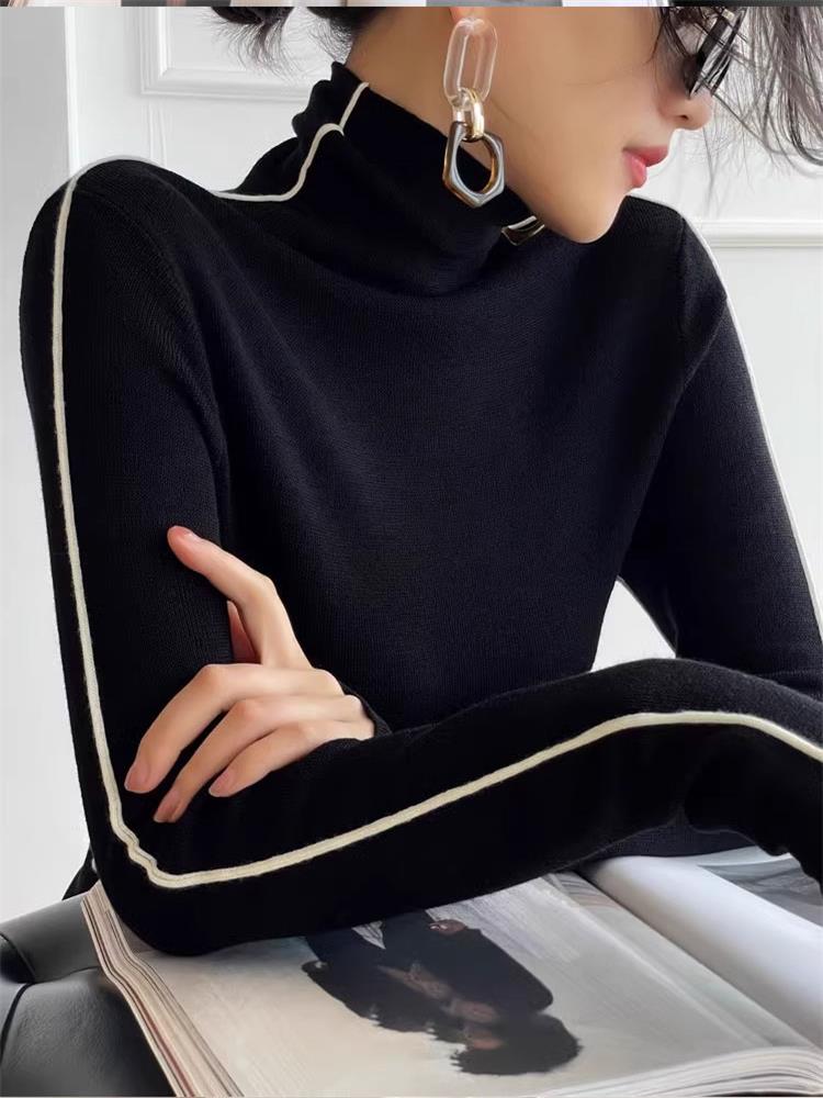 Mode col haut T-shirt femmes automne hiver à la mode couleur bloquant Slim Fit hauts femme Base simplicité à manches longues hauts