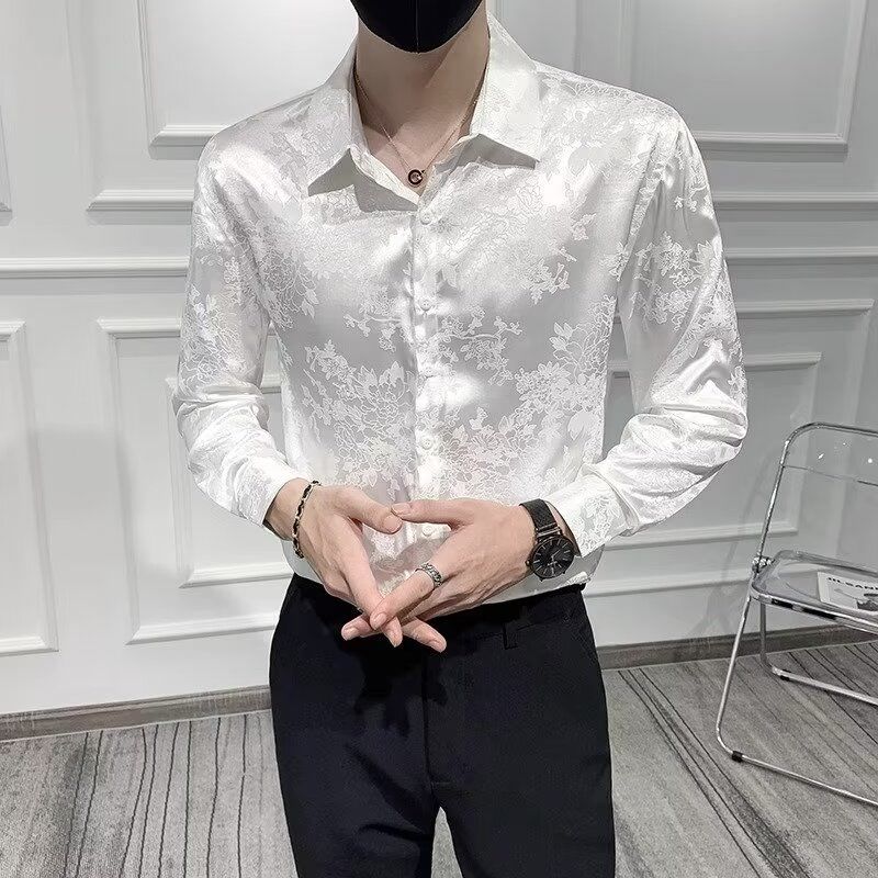 Nouveaux hommes mode coréenne haute rue luxe affaires chemise décontractée printemps revers à manches longues noir blanc mince hauts Camisas De Hombre