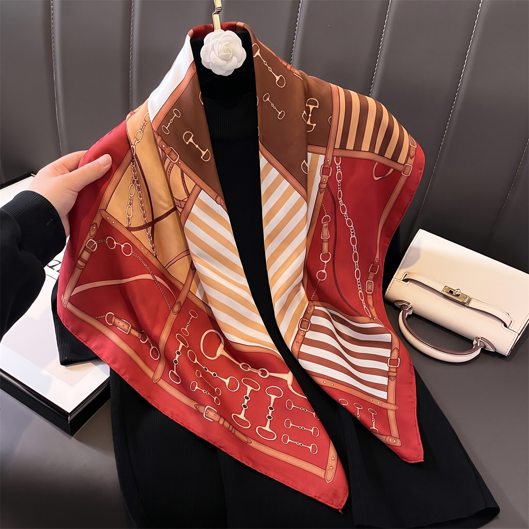 Foulard imprimé chaîne pour femme, 90 cm, en satin de soie, écharpe de tête, foulard carré, bandana pour femme