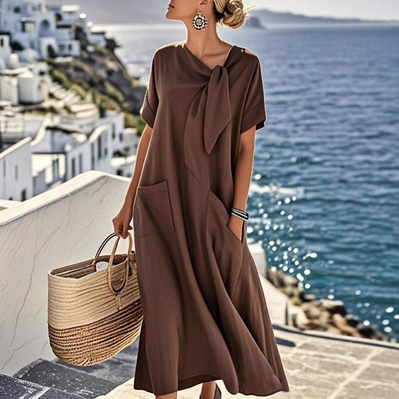 Plage vacances élégant à manches courtes vacances Maxi Robe femmes été nouveau ample poche robes de soirée pour les femmes Robe mi-longue Robe