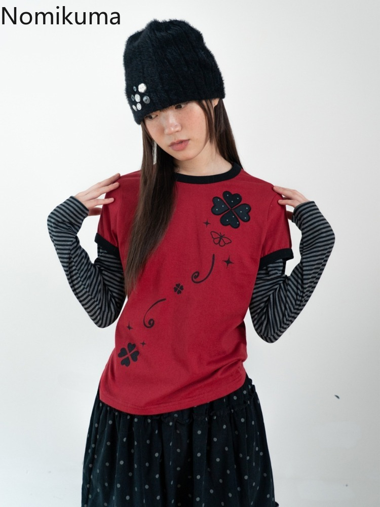 Mode femme t-shirts faux deux hauts à manches longues tunique col rond t-shirts broderie décontracté Camisetas Patchwork rayé Simple T-shirt