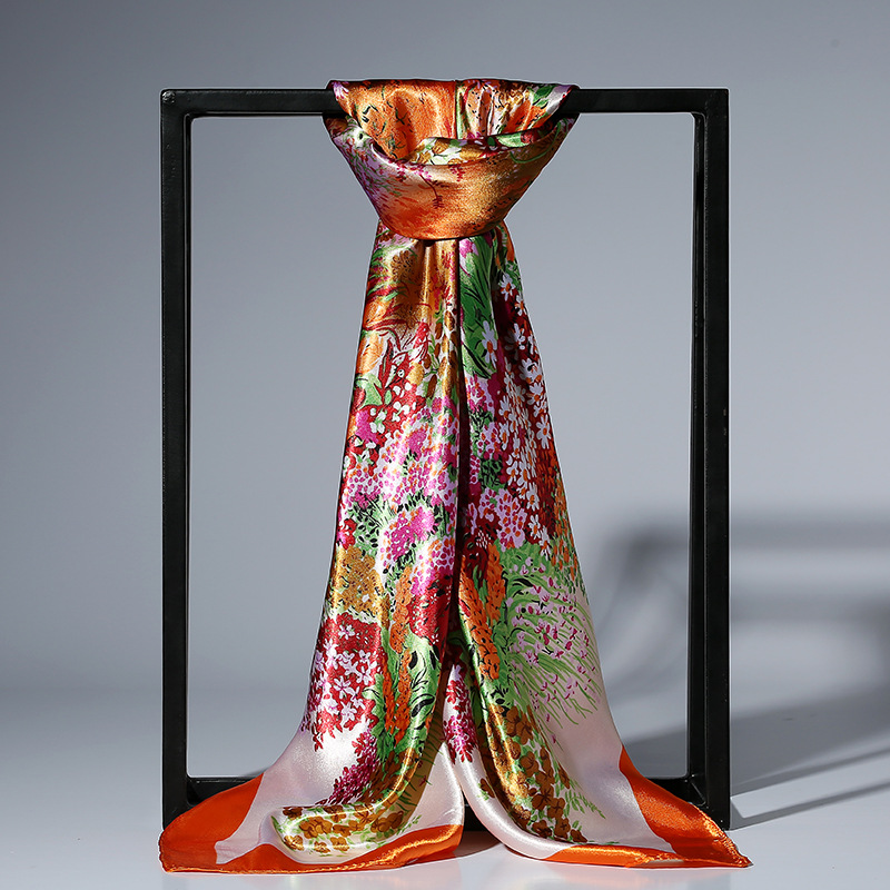 Foulard en Satin de soie pour femmes, 90cm, à la mode, bandeau imprimé Floral, Hijab, châles carrés pour le cou