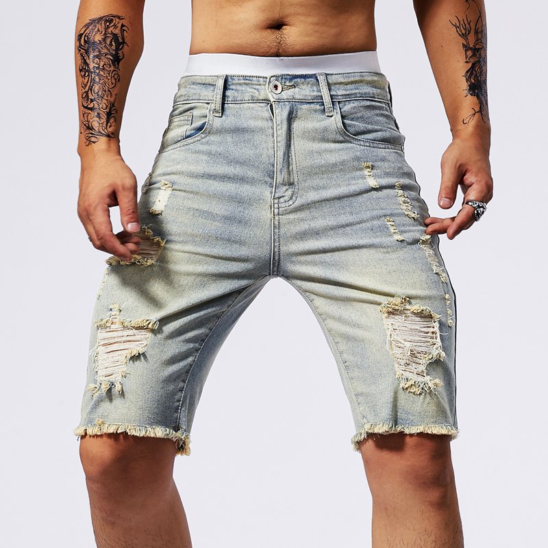 Short en Jean Déchiré pour Homme, Vêtement en Denim, Court, Slim, Droit, à la Mode, Noir, Streetwear, Été