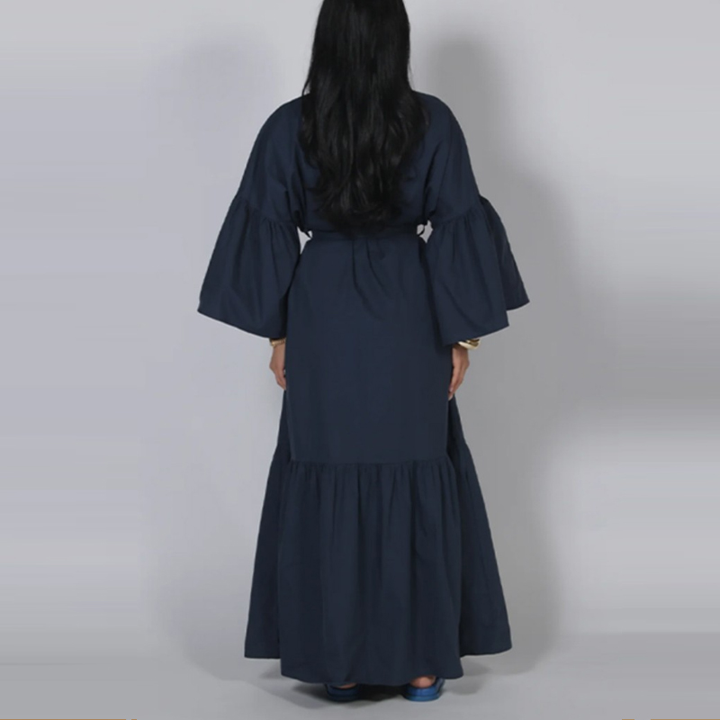 Robe longue plissée décontractée pour femme, style vintage, à manches lanternes, col rond, taille haute, avec boutons et lien, idéale pour le quotidien