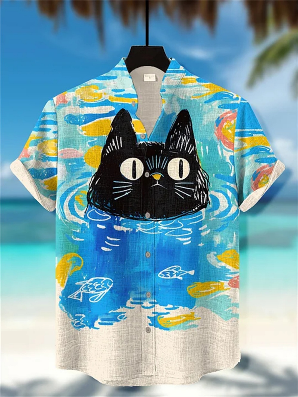 Chemise en lin imprimé chat Kimono de Style japonais pour hommes, col montant à la mode, manches courtes, expédition rapide, été