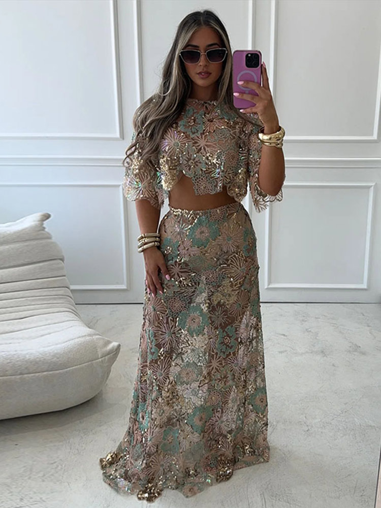 Rétro brodé paillettes haut jupe longue ensemble dame Sexy irrégulière hauts courts Perspective perles jupes ensembles femmes 2025 Chic rue