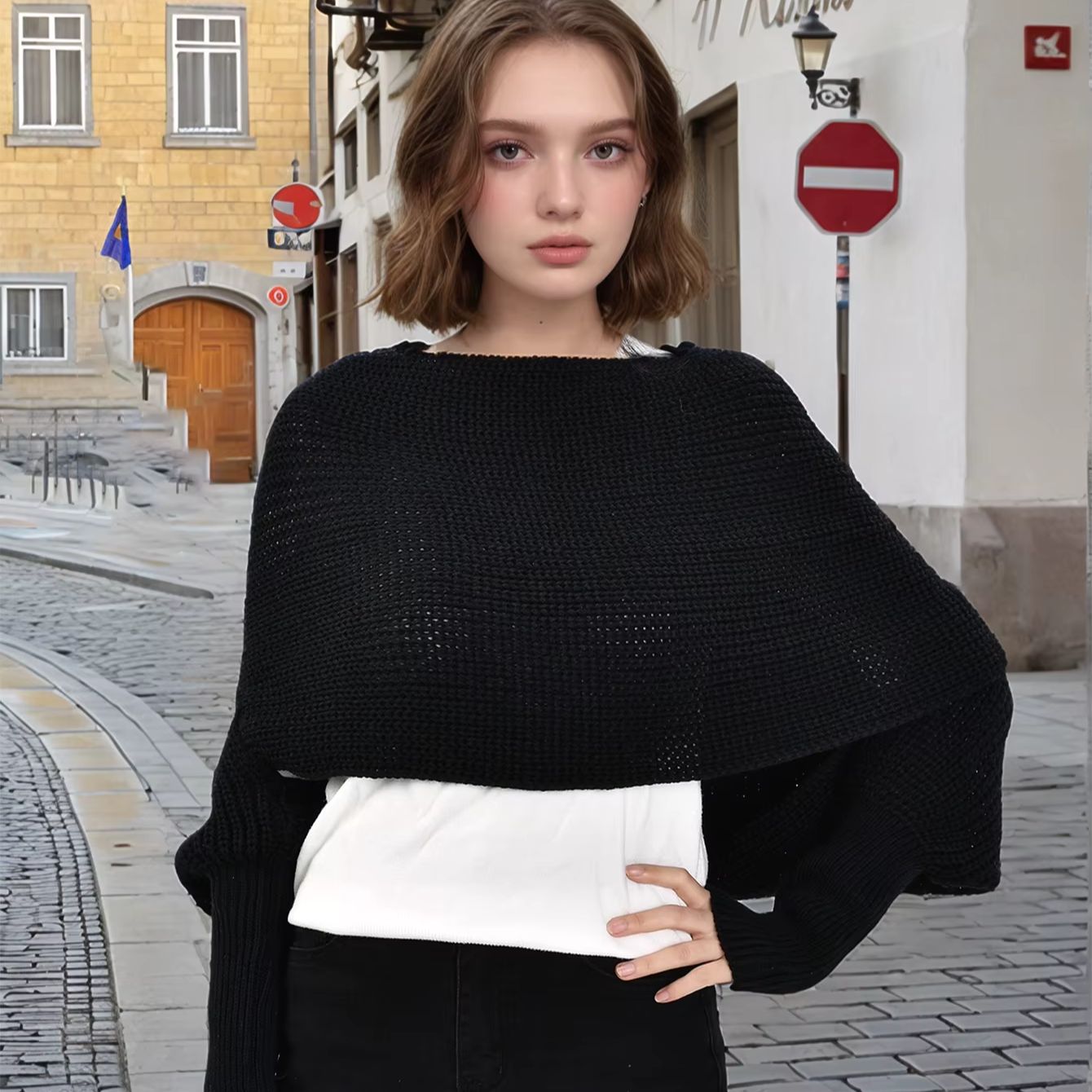 Écharpe châle tricotée épaisse avec manches, tricot doux et chaud, Cardigan, cape, épaule, protection du cou, Pashmina