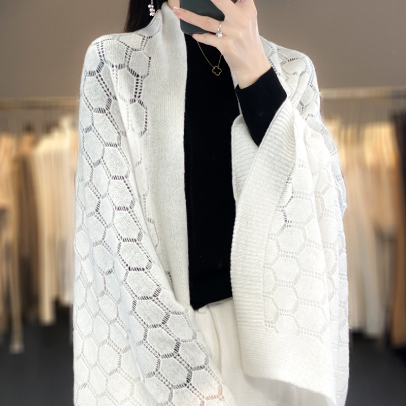 Cardigan en laine mérinos 100% pour femmes, nouvelle mode printemps, doux et élégant, écharpe tricotée ajourée, design sphérique, châles de style coréen