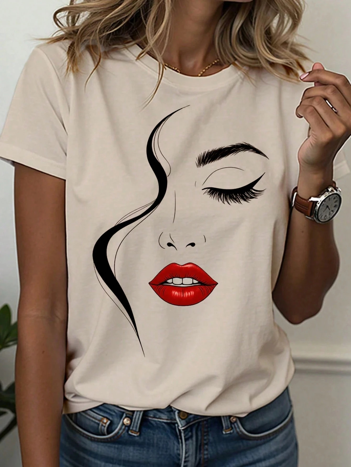 T-Shirt femme abstrait visage ligne Art graphique imprimé hauts décontracté col rond manches courtes T-Shirt été en plein air mode femme vêtements