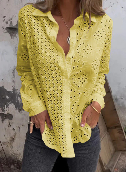 Chemisier en coton à manches longues pour femmes, haut décontracté, broderie florale, dentelle bohème, évider, dames, printemps, automne