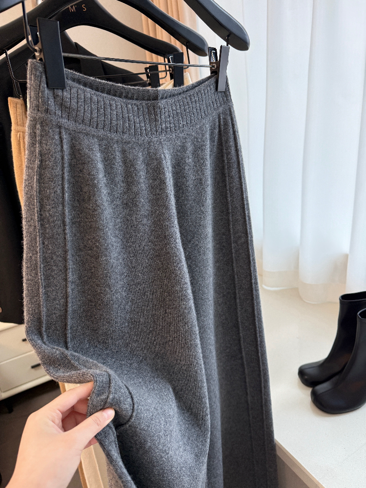 Pantalon à jambes larges tricoté en cachemire pour femmes, taille haute, Style drapé, épais, longueur au sol, adapté aux vêtements d'extérieur
