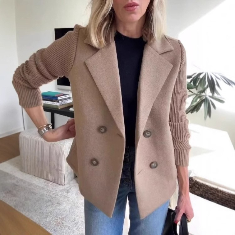Manteau pour femme à manches tricotées, patchwork, double boutonnage, col rabattu, coupe ample, style veste de costume, style professionnel formel, manteau pull
