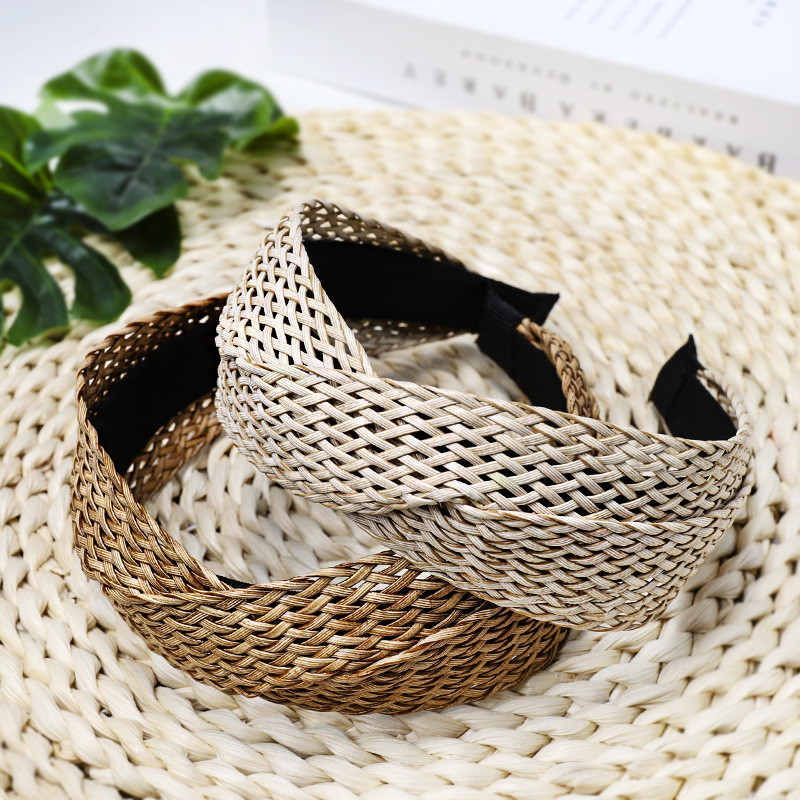 Bandeau de sauna bohème pour femmes, en paille nouée, fait à la main, cerceau de tête de plage, accessoires pour cheveux à larges bords