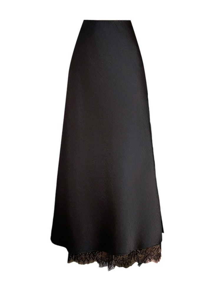 Jupe midi élégante en satin avec empiècements en dentelle et fente latérale pour femme, nouvelle collection Printemps-Été 2026, coupe ajustée, mode haut de gamme