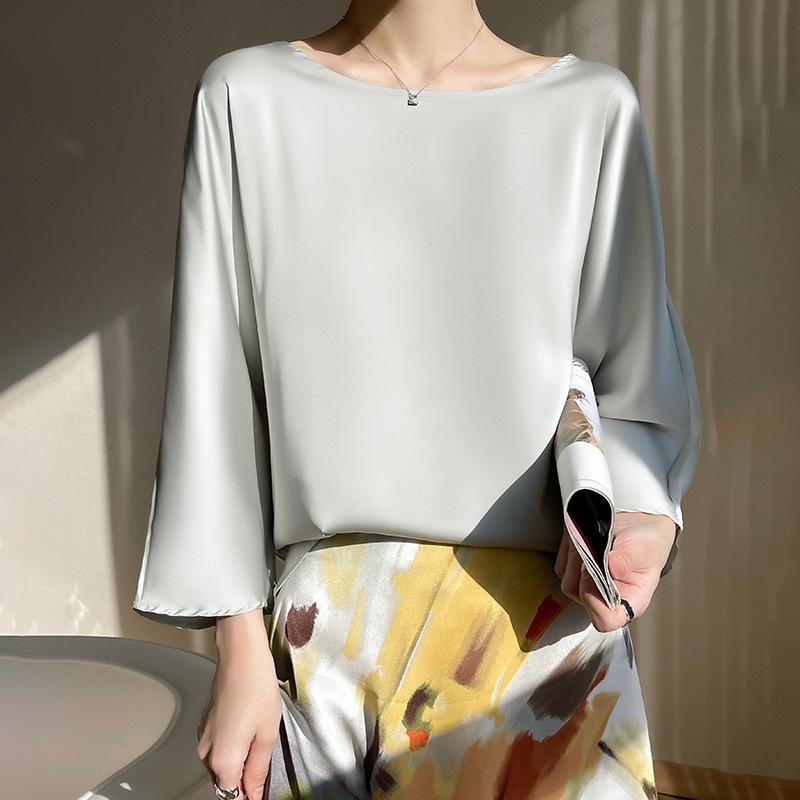 T-Shirt en soie pour femmes, coupe ample, haut en soie de mûrier, manches courtes, surdimensionné, chemise en soie à sept manches, Style de trajet élégant, été