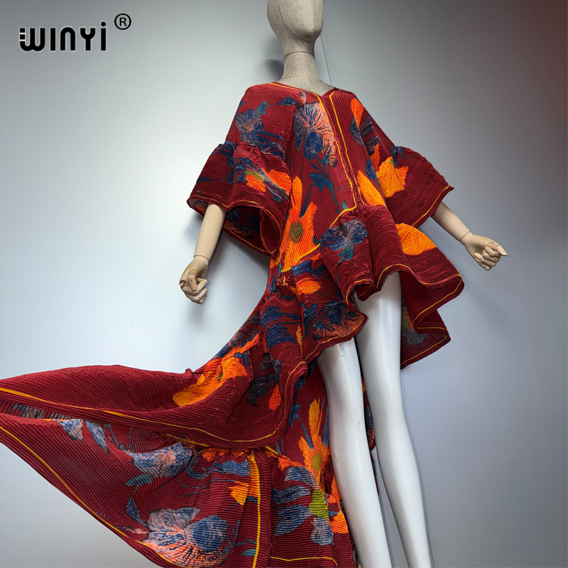 Robe Kaftan Maxi Bohème WINYI Style Moyen-Orient Élégante Plissée Cache-maillot de Plage Élastique Luxe Soirée Fête Dubaï Abaya