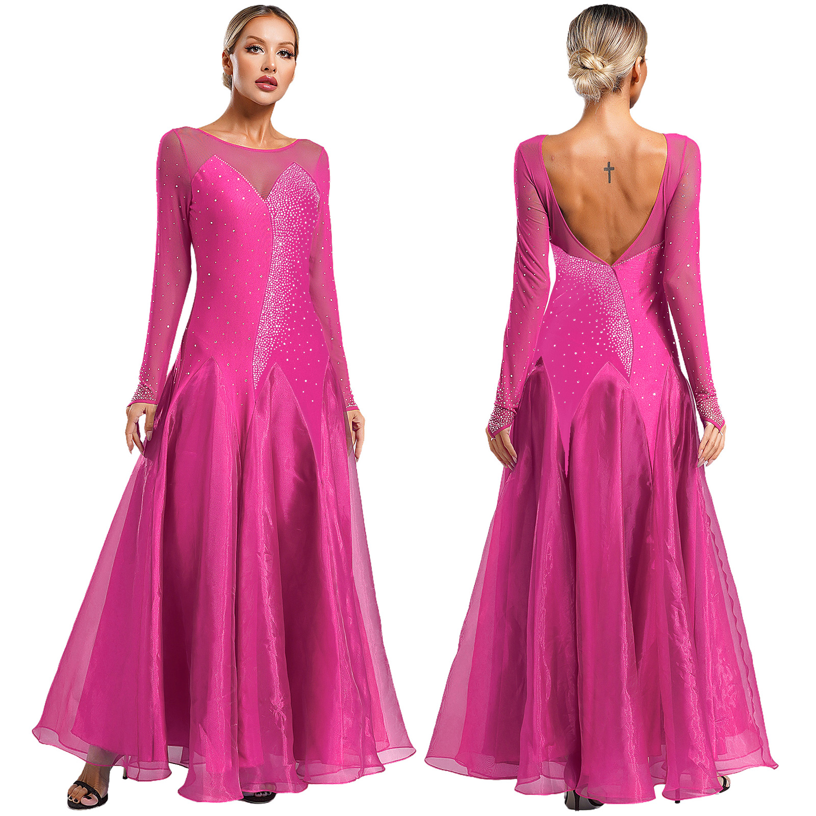 Robe de danse lyrique scintillante pour femmes, maille transparente, manches longues, biscuits scintillants, vêtements de danse modernes, valse, tango, performance, salle de Rh
