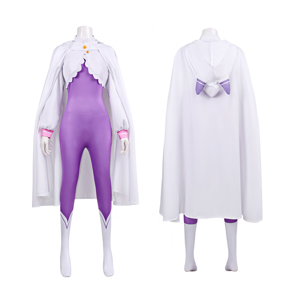 Déguisement Cosplay Emilia Re:Zero avec Cape à Capuche Oreilles de Chat Combinaison Violette Ensemble Complet pour Femmes Tenue de Fête Halloween
