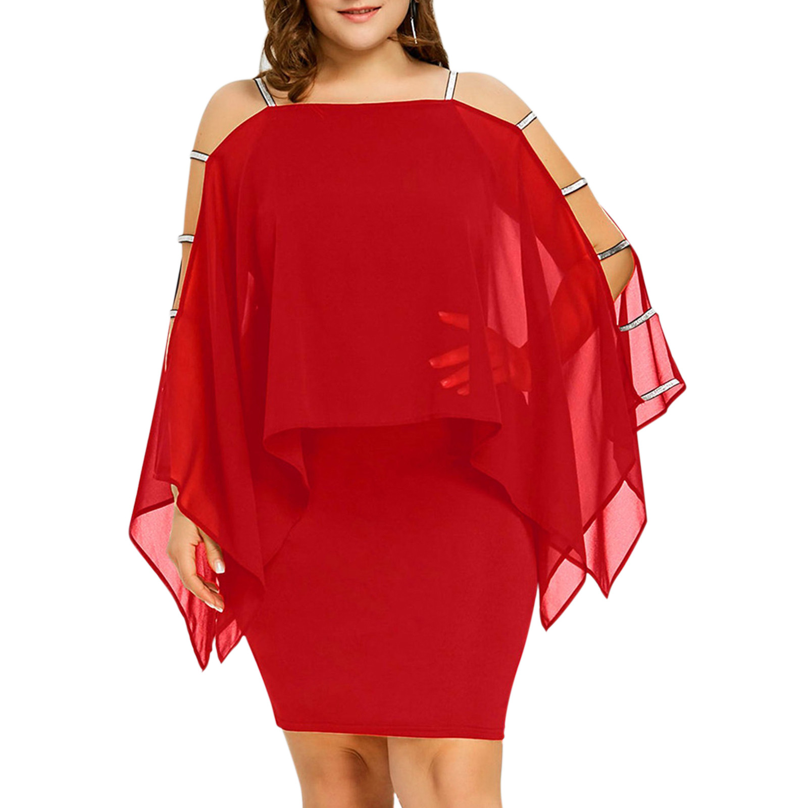 Robe de soirée en mousseline de soie, grande taille, Sexy, épaules dénudées, ajourée, élégante, manches Cape, moulante
