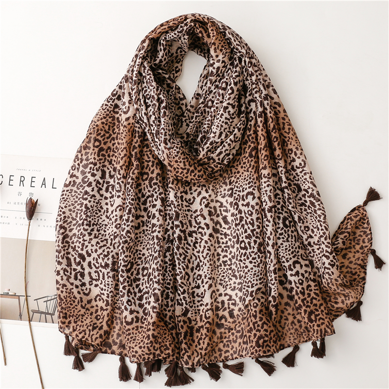 Foulard en coton et lin doux châles femmes luxe Premium Foulard Femme longue tacheté imprimé léopard gland écharpes foulards Echarpe