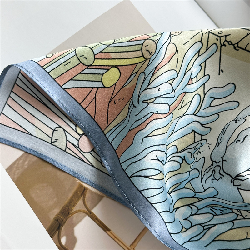 Foulard en twill de soie de mûrier 100% 90x90cm, imprimé Palais Sous-Marin Fantaisie, bord roulé à la main, accessoire de mode féminin pour le cou, la tête ou la poche