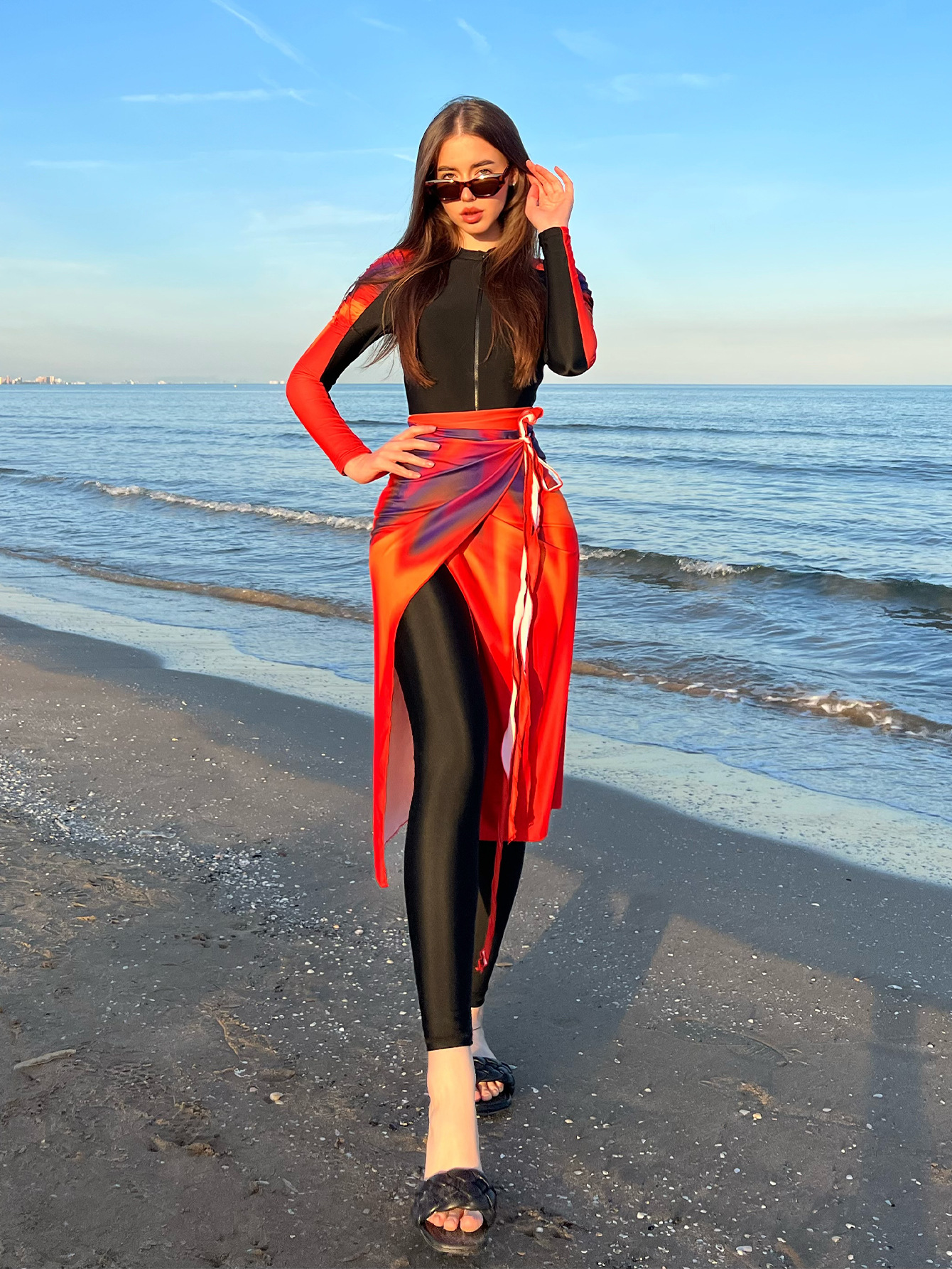 Maillot de bain rouge nickel é pour femmes musulmanes, burkini, manches longues, pantalon, bloc solaire, fermeture éclair, vêtements de plage, été