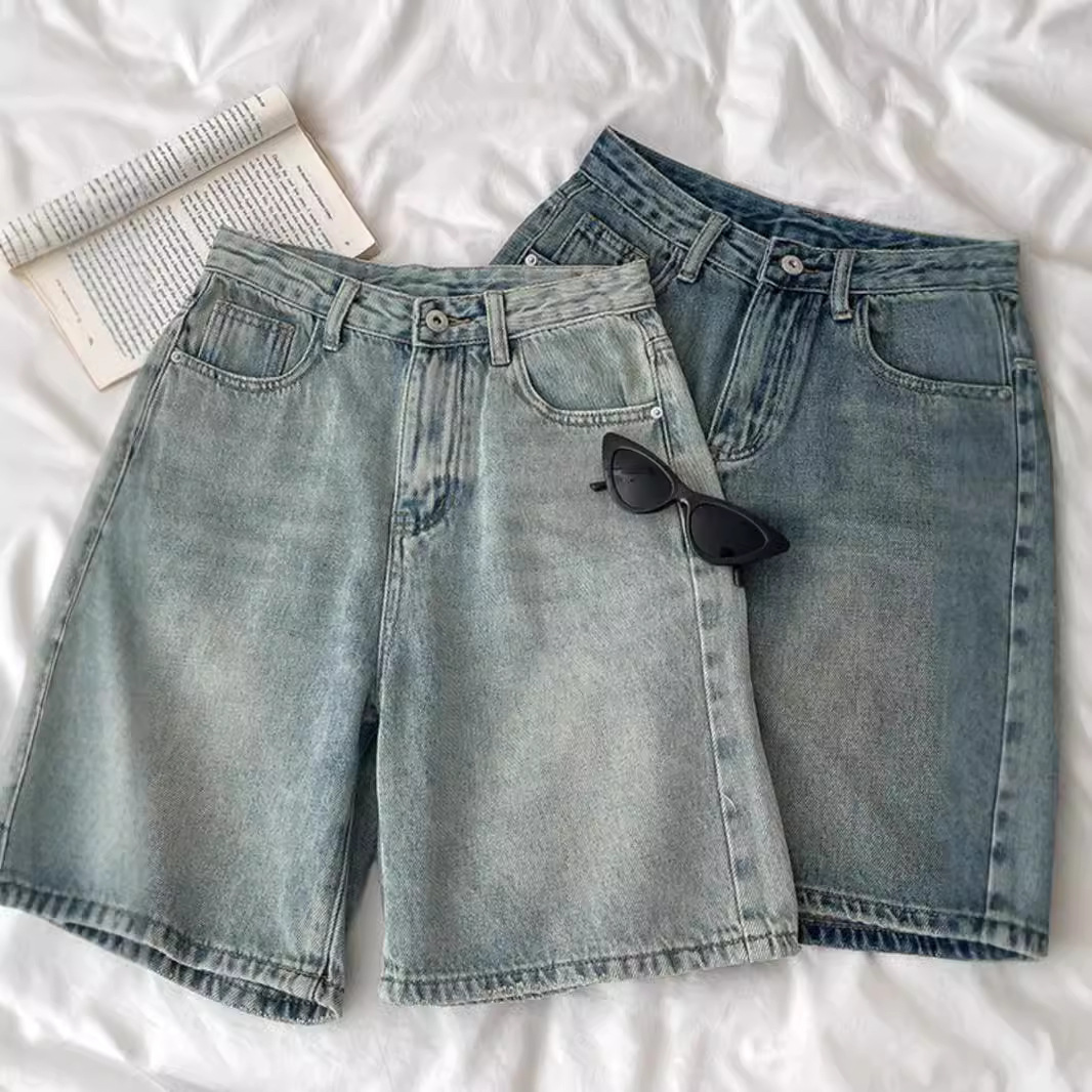 2025 femmes Denim Shorts taille haute Vintage lavé droit jambe large Denim jean fermeture à glissière genou longueur jean pantalons courts