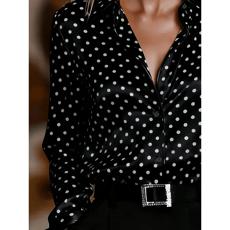 Chemise en satin à pois noirs et blancs pour femmes - Col à revers, col en V, manches longues, boutonnée