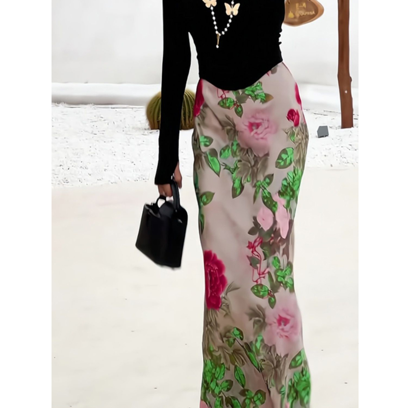 Mn-Jupe Longue en Satin Vintage à Imprimé Floral pour Femme, Vêtement de Luxe, Chic, Élégant, Taille Haute, Slim, pour ix