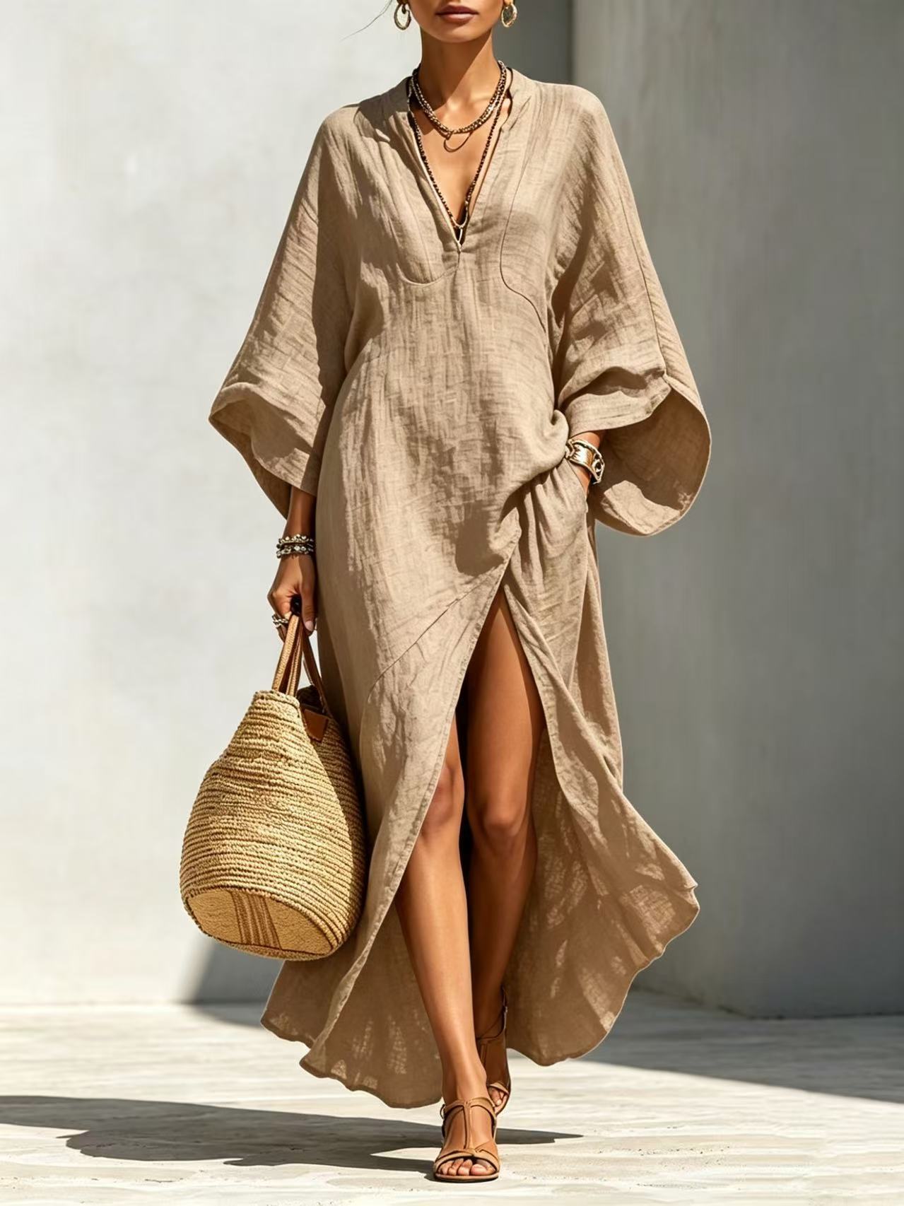 Robe longue bohème pour femme, col en V, beige, mélange de lin, caftan long, fente latérale haute, manches chauve-souris oversize, robe de plage pour les vacances