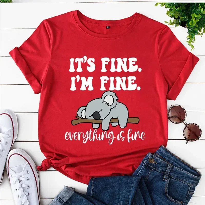 T-shirt à manches courtes pour femmes, haut imprimé Koala, décontracté, c'est bien, je suis bien, tout va bien, vêtements pour femmes de dessin animé