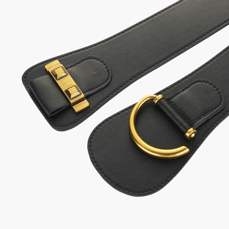 Ceinture large élastique en cuir véritable pour femmes, tendance, boucle en métal élégante, légère pour robes, manteaux, costumes