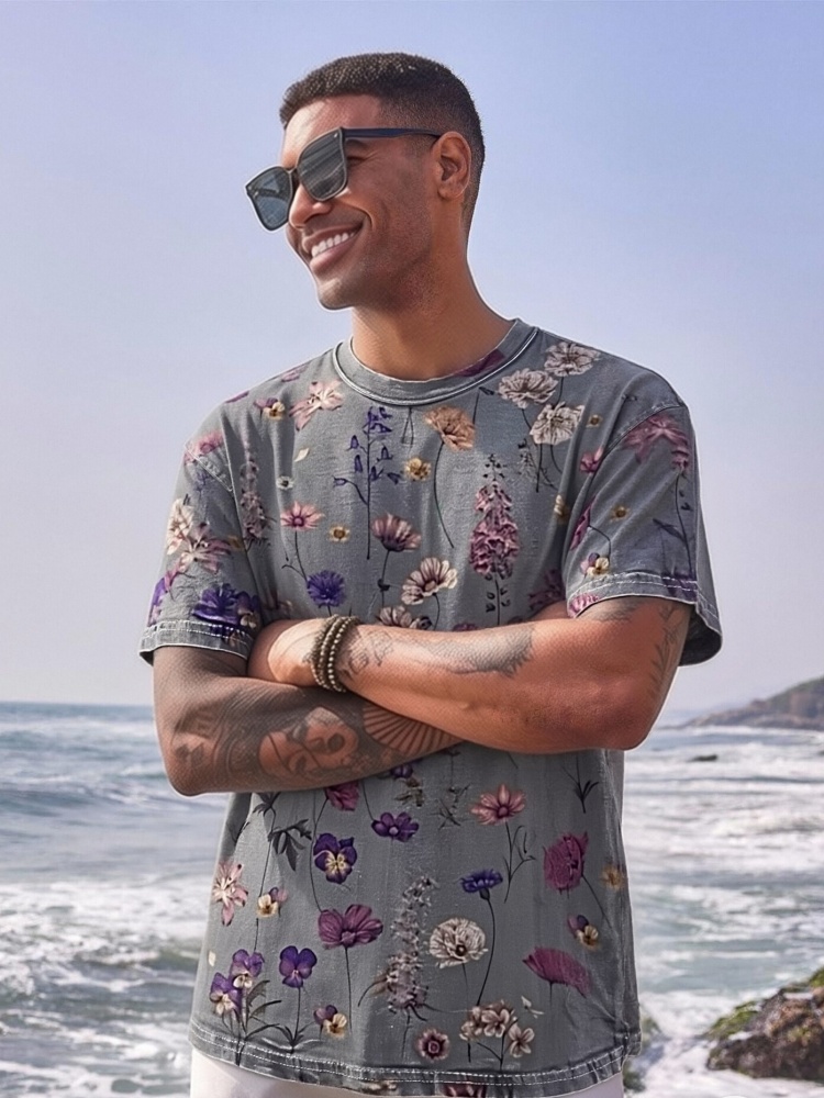 T-shirt décontracté pour homme à imprimé floral vintage, manches courtes, chic, rétro, pour le bureau, vêtements masculins, tunique ample pour les vacances, streetwear