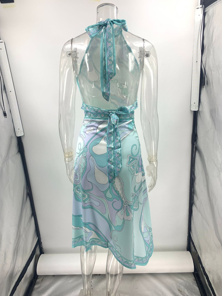 Jupe en Satin élégante pour femmes, ensemble deux pièces imprimé, col suspendu, haut irrégulier, demi-corps, nouvelle mode d'été