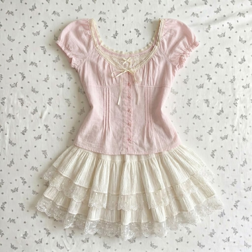 Tenue japonaise en deux pièces, haut à manches courtes et col carré en dentelle + mini-jupe Y2K Harajuku Lolita Kawaii, costume streetwear