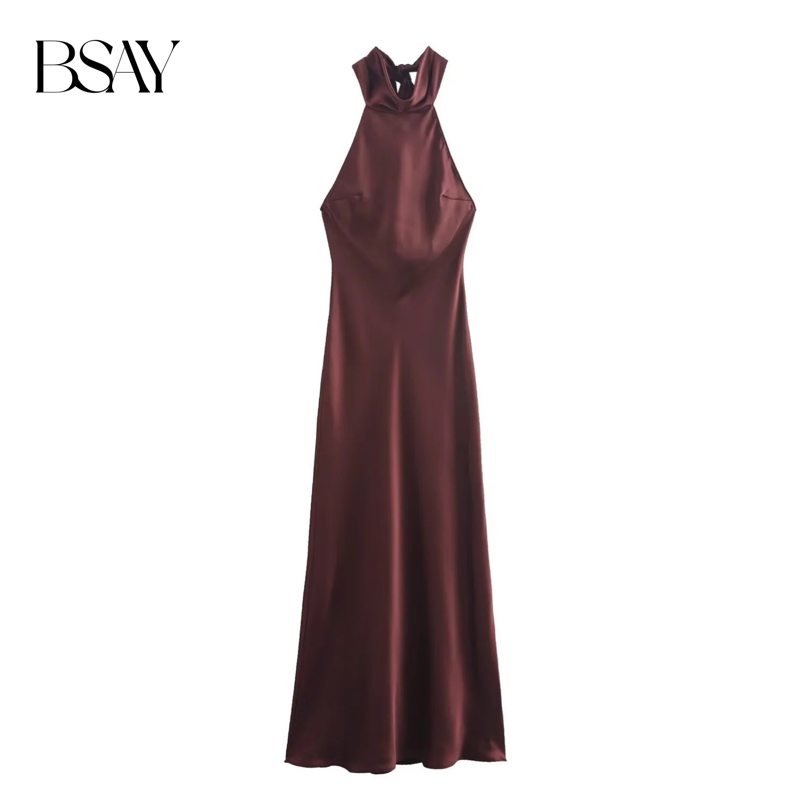 BSAY – robe mi-longue pour femmes, mode automne 2023, nouveau nœud, Sexy, dos nu, français, élégant, col licou, Texture Satin, robes mi-longues