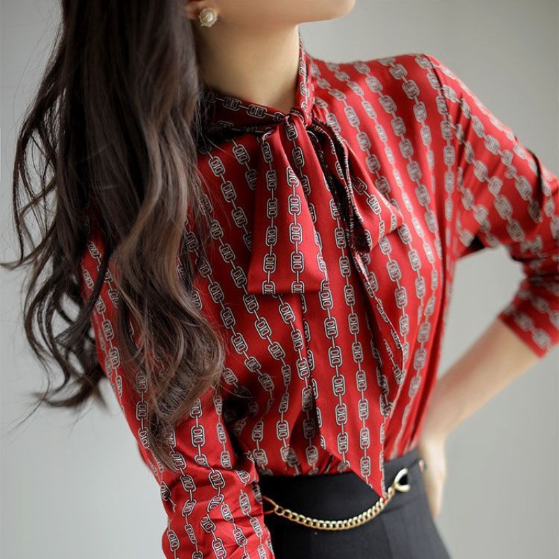Chemisier vintage à manches longues pour femmes, chemise imprimée Harajuku, vêtements féminins élégants, col écharpe, décontracté, américains, mode, nouveau