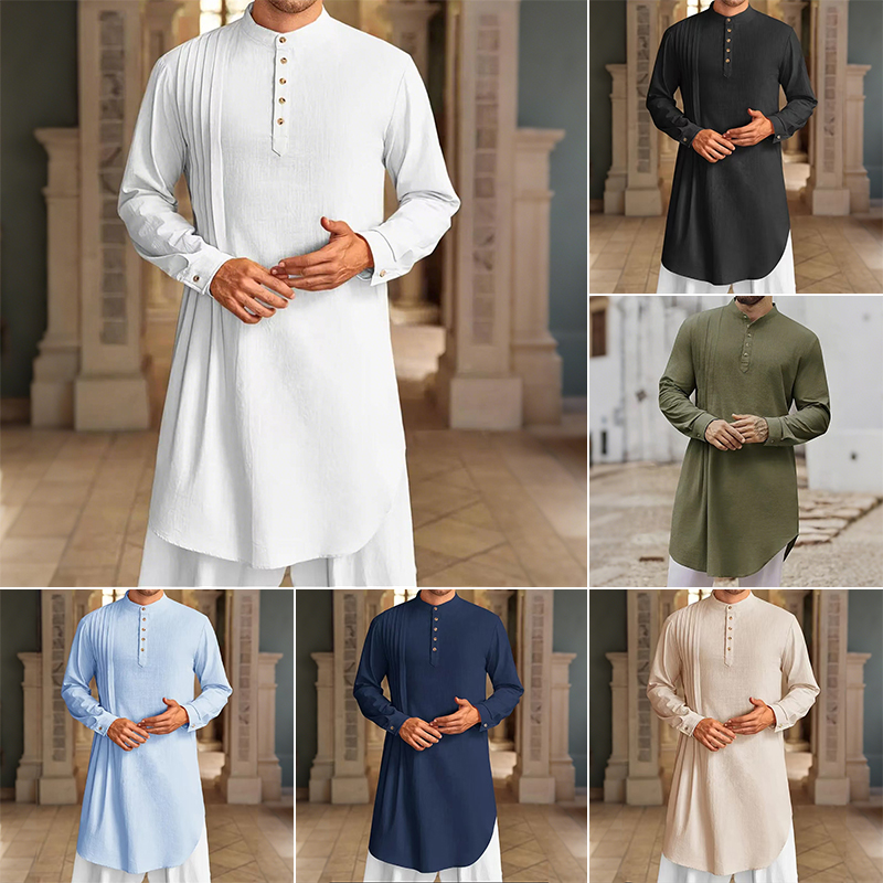 Chemise musulmane pour hommes, col montant, manches longues, Kaftan arabe islamique, couleur unie, Streetwear décontracté, vêtements en coton et lin, nouvelle collection