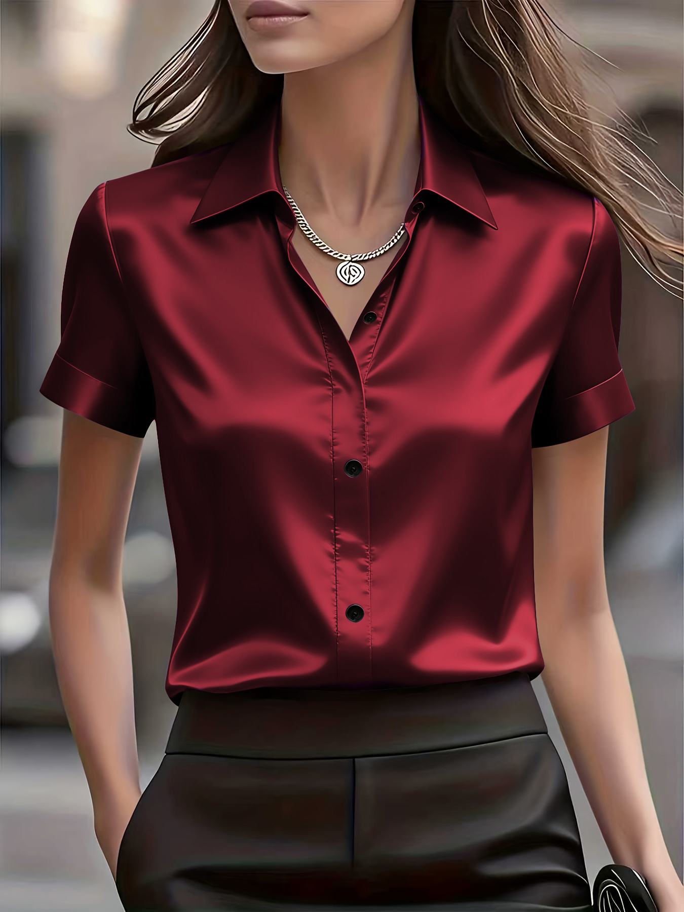 Chemise élégante en mélange de soie, coupe ajustée, polyvalente, à manches courtes, col en V, manches bouffantes, tunique pour femmes élégantes